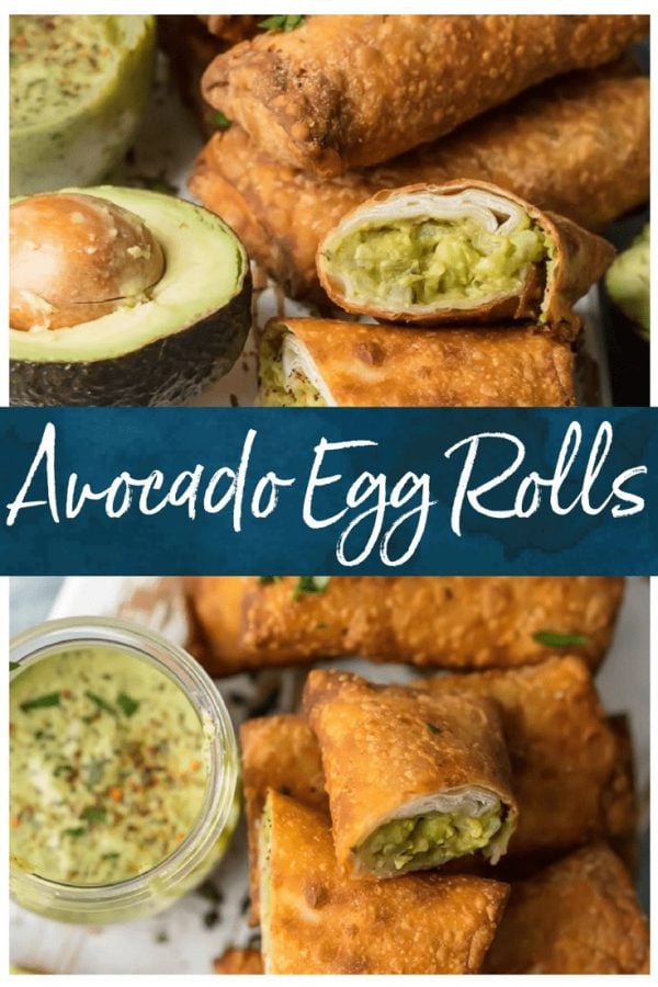 Avocado Egg Rolls on white serving board