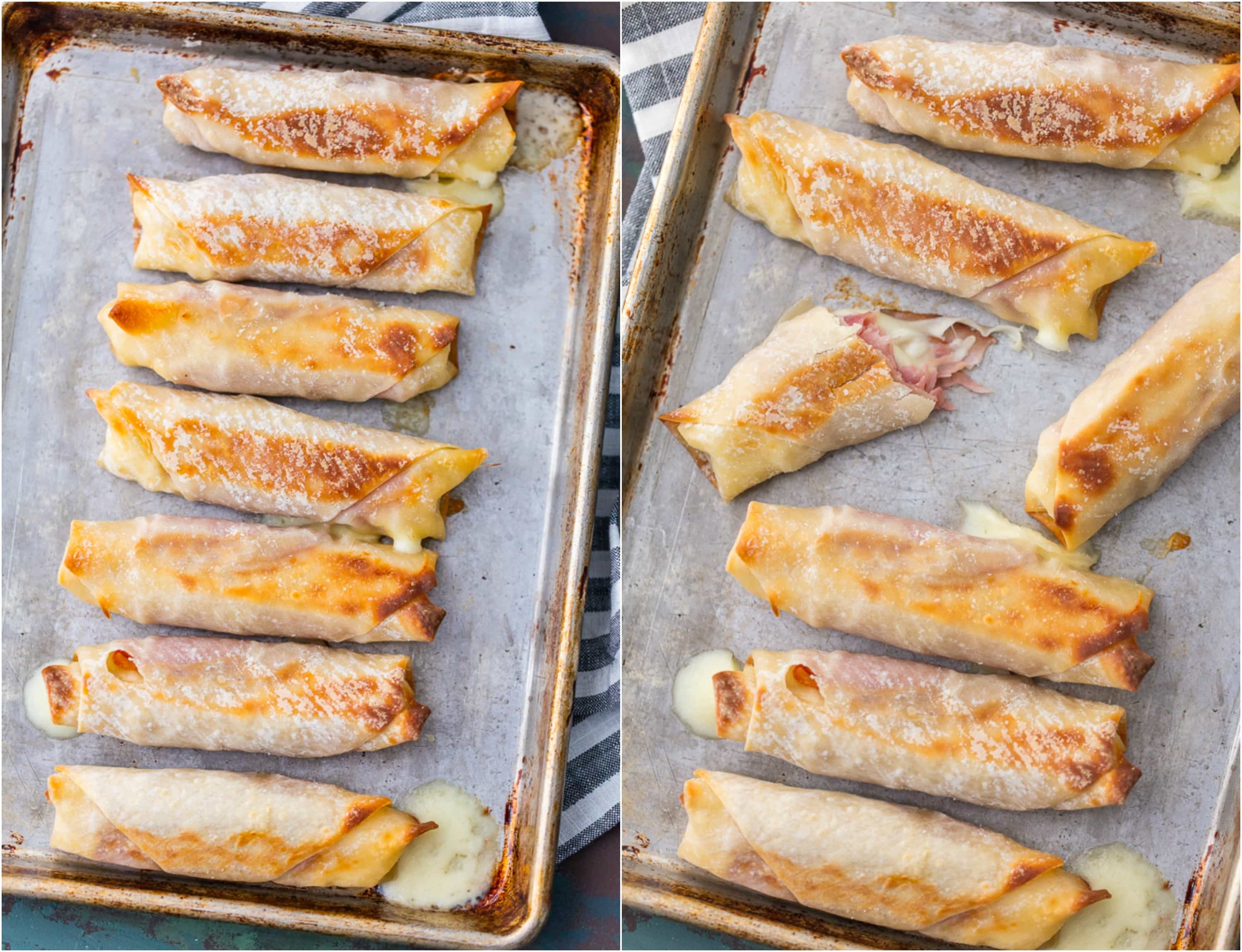 Baked Ham & Mozzarella Cheese Sticks arranged on baking trays