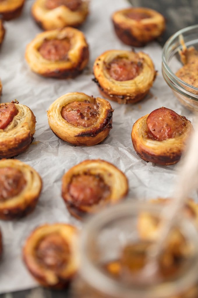 baking tray full of PEPPER JELLY SAUSAGE ROLLS