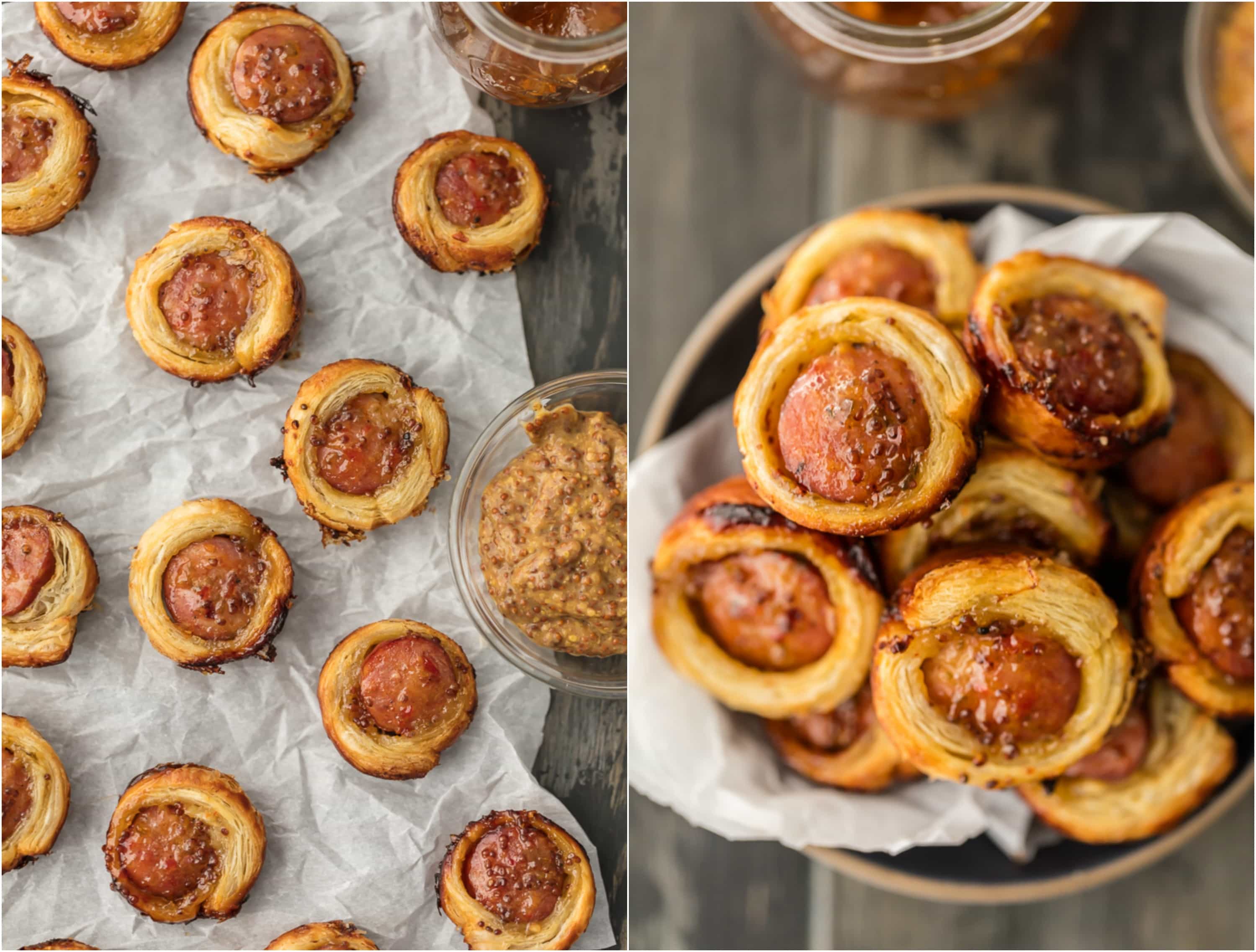 photo collage of PEPPER JELLY HOGS IN A BLANKET