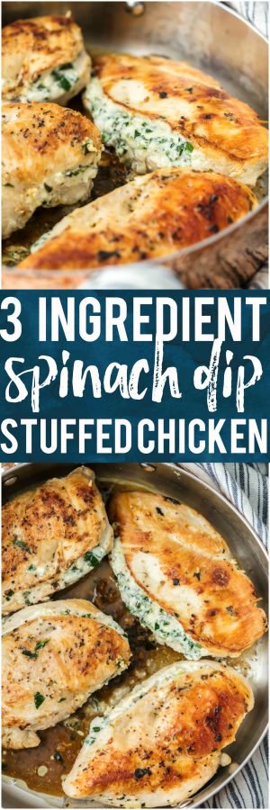 This 3 INGREDIENT SPINACH DIP STUFFED CHICKEN is healthy(er), made in under 30 minutes, and done in just ONE PAN! It doesn't get easier, more flavorful, or more perfect. Cheesy delicious goodness. One of our favorite chicken recipes!