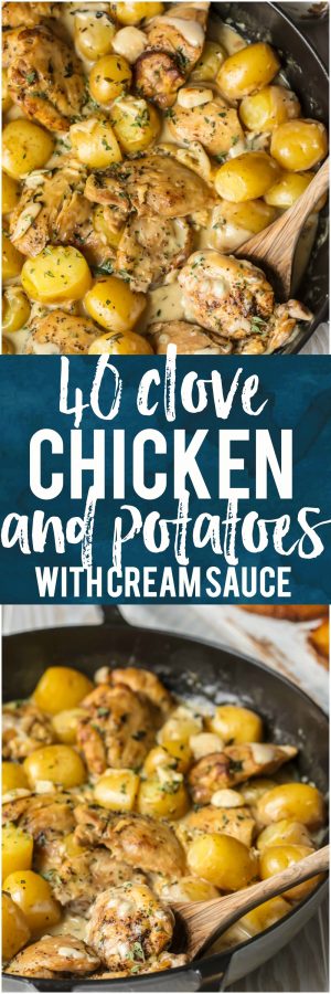 Totally obsessed with this 40 CLOVE CHICKEN AND POTATOES WITH CREAM SAUCE! Chicken with 40 cloves of garlic is all the rage right now...so why not add some potatoes and the ultimate creamy simmer sauce? This is the best chicken recipe of all time!