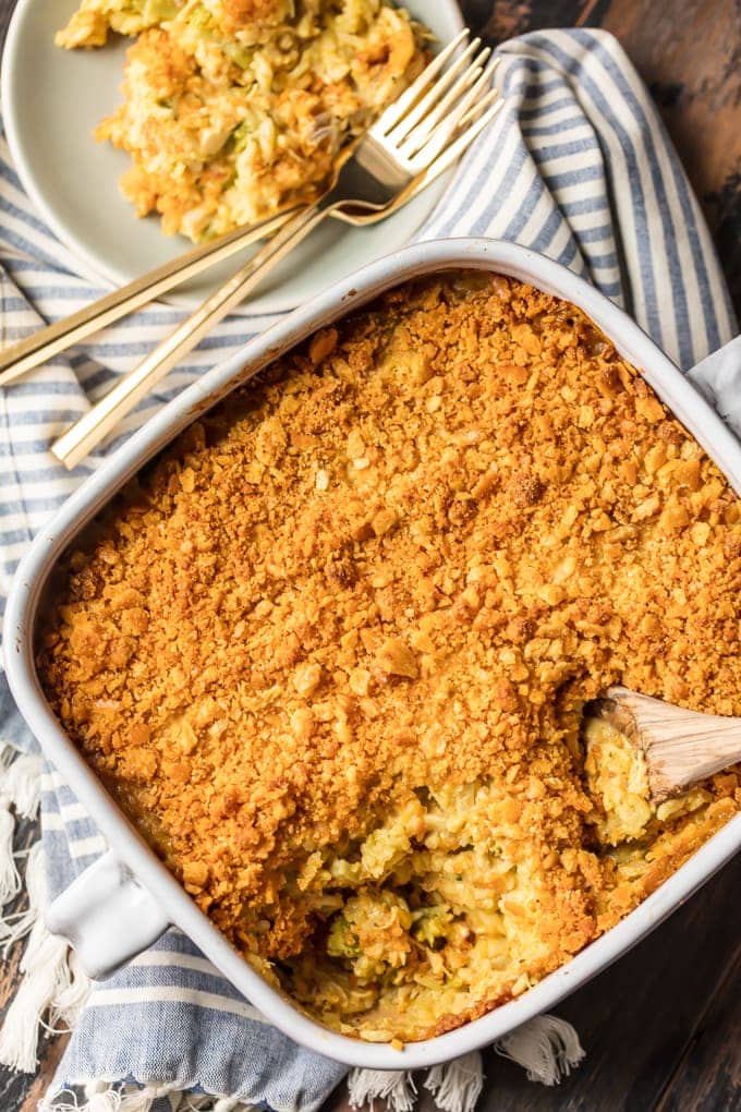 top view of cheesy broccoli chicken and rice casserole