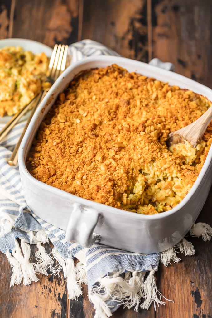 Chicken and Rice Casserole with Broccoli in a square dish