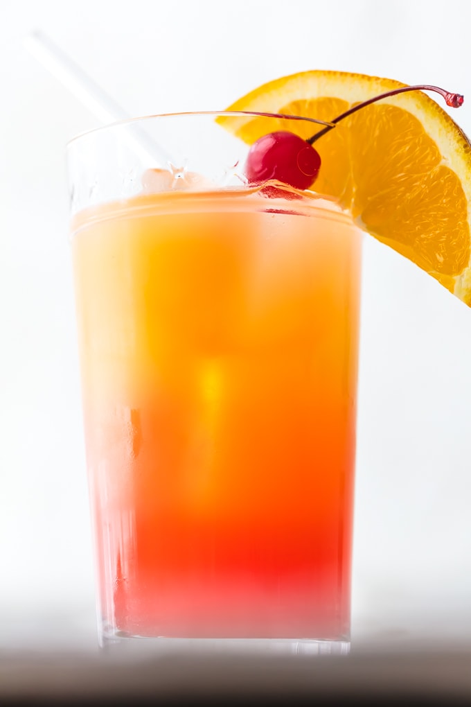 view of tequila sunrise cocktail to show sunrise colors