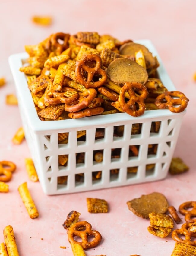 homemade gardettos in a basket on a pink table