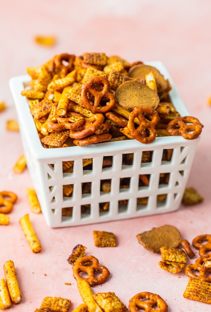 homemade gardettos in a plastic white basket