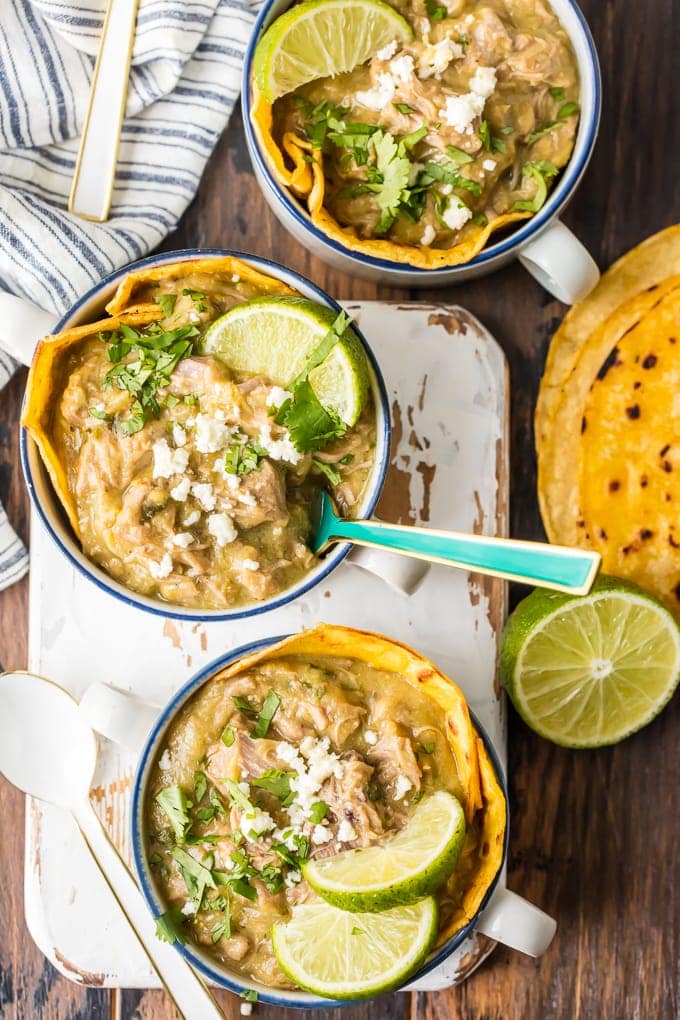 top view of bowls of chili verde