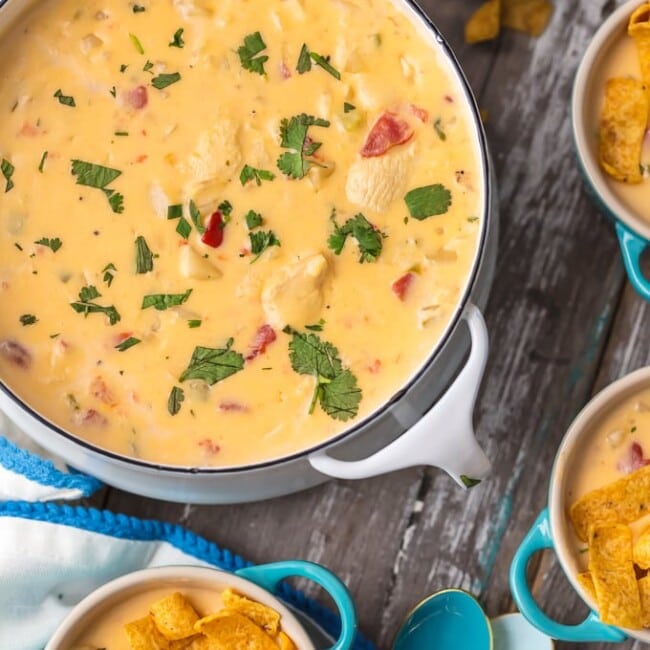 This MEXICAN CHEESY CHICKEN CHOWDER is the ultimate Winter comfort food soup! Loaded with spicy tomatoes, green peppers, hash brown potatoes, garlic, onion, CHEESE, and more, this was an instant favorite at our house. Serve with fritos or tortilla chips and you're in business. SO GOOD.