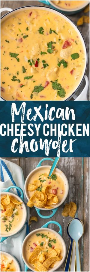 This MEXICAN CHEESY CHICKEN CHOWDER is the ultimate Winter comfort food soup! Loaded with spicy tomatoes, green peppers, hash brown potatoes, garlic, onion, CHEESE, and more, this was an instant favorite at our house. Serve with fritos or tortilla chips and you're in business. SO GOOD.