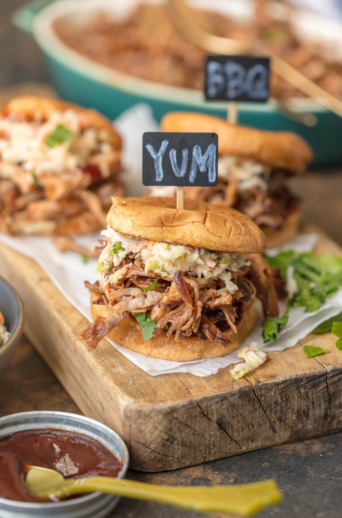 Crockpot BBQ Pork Sandwiches on serving board