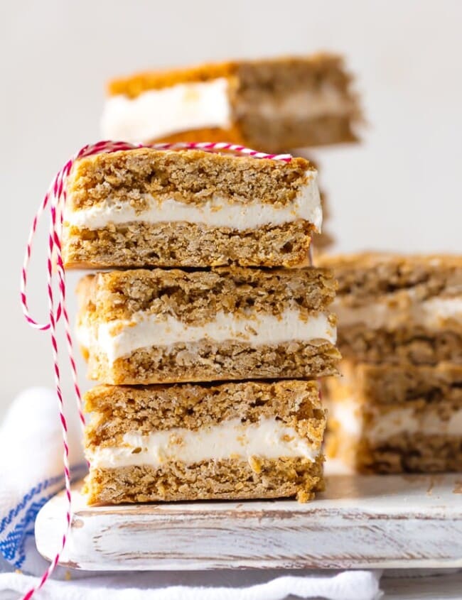 homemade oatmeal cream pie bars stacked on a plate