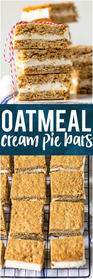 These OATMEAL CREAM PIE BARS are an adult version of a childhood favorite. They're a tasty dream come true perfect for showing your loved ones on Valentine's Day just how special they are. Layer of homemade marshmallow cream icing sandwiched between two perfectly chewy oatmeal cookies, all in bar form! OBSESSED!