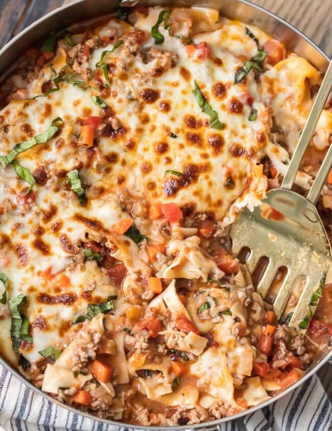 Weight Watchers Lasagna in a bowl with a spatula