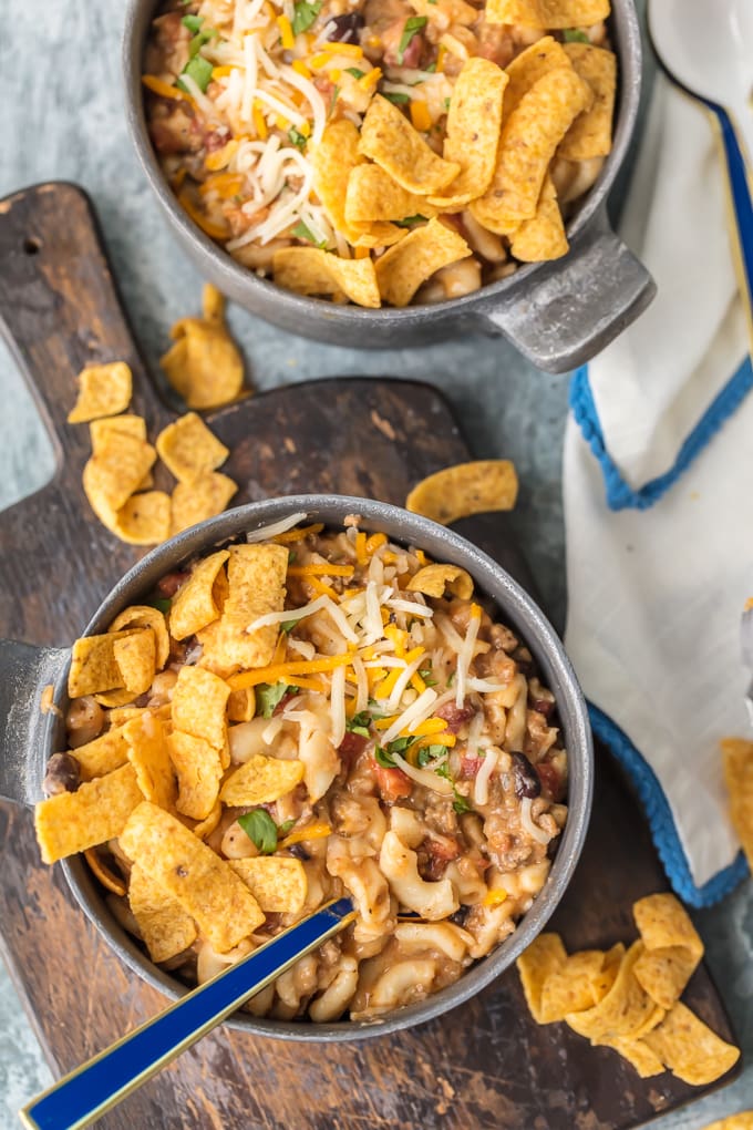 overhead shot of chili mac - how to make instant pot chili mac