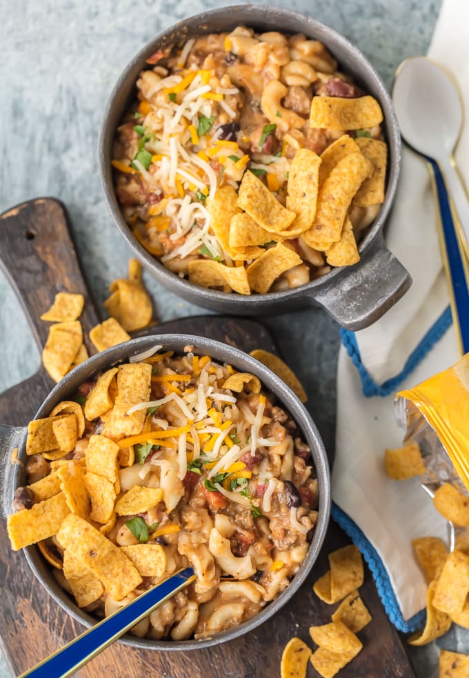 overhead shot of chili mac topped with fritos