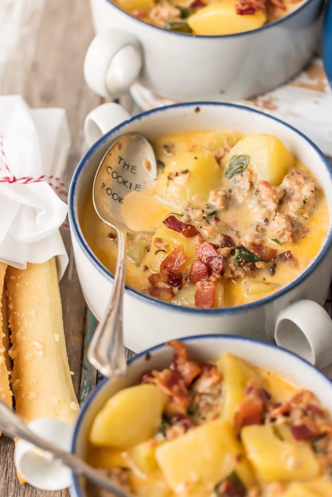 side view of zuppa toscana garnished with bacon crumbles