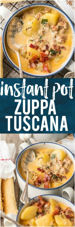 It doesn't get better than this INSTANT POT ZUPPA TUSCANA! We first fell in love with this hearty and creamy soup at Olive Garden but I love this quick pressure cooker version even more. Loaded with sausage, bacon, potatoes, spinach, and so much flavor. I'm so in love with this easy favorite comfort food recipe!