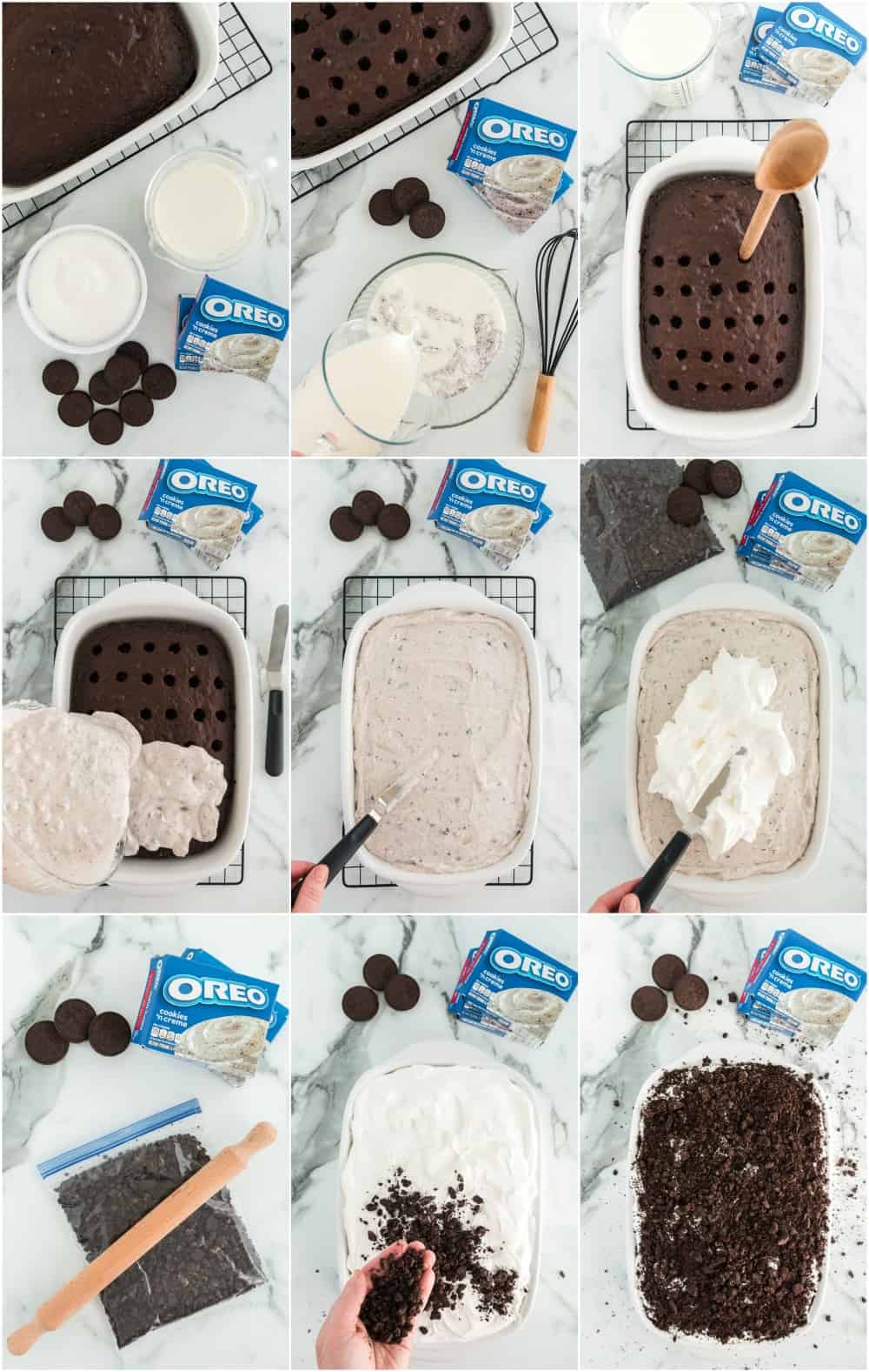 process shots for how to make oreo poke cake