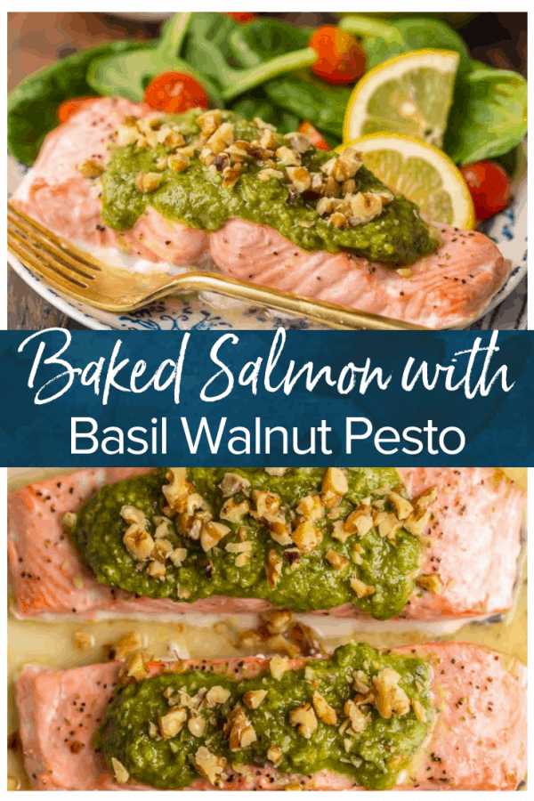 This Baked Pesto Salmon recipe is our favorite simple yet elegant seafood dinner. This Baked Salmon Recipe with Basil Walnut Pesto is bursting with flavor and good fat. The tender flaky salmon is basted in butter, white wine, and lemon juice before baking and then topped with an amazing nutty and rich Basil Walnut Pesto. Best Baked Salmon Recipe ever!