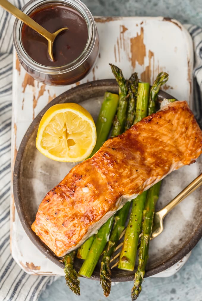 salmon and asparagus with hoisin sauce on plate