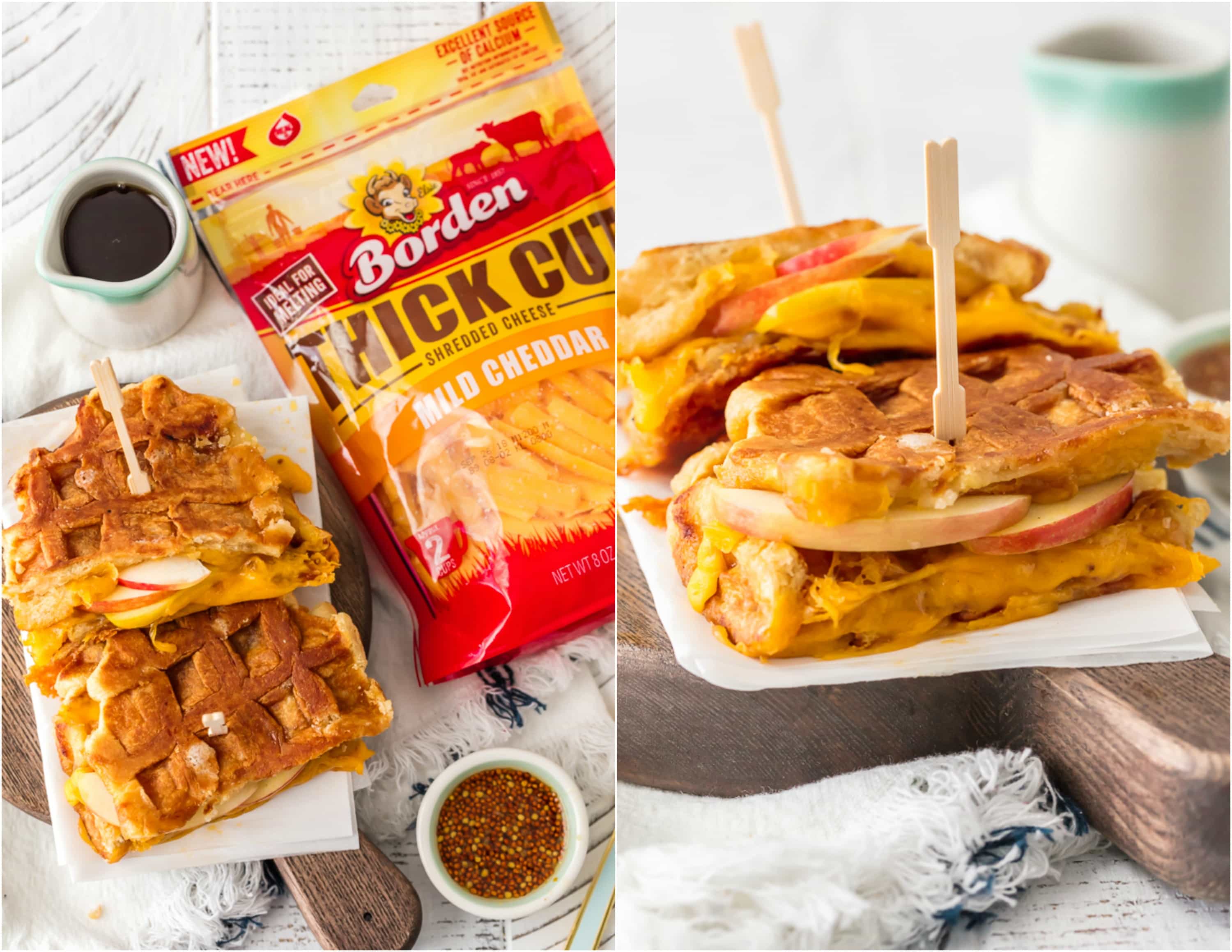 This Apple Cheddar Waffle Sandwich is a fun and easy Waffle Grilled Cheese recipe with only 5 ingredients! The simple flavors of the maple dijon sauce blend perfectly with the creamy cheddar, crisp apples, and sweet waffles. This is such an awesome brunch or lunch recipe that everyone in the family will crave again and again. Cheese lovers unite!