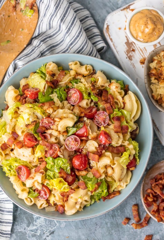 big bowl of blt pasta salad