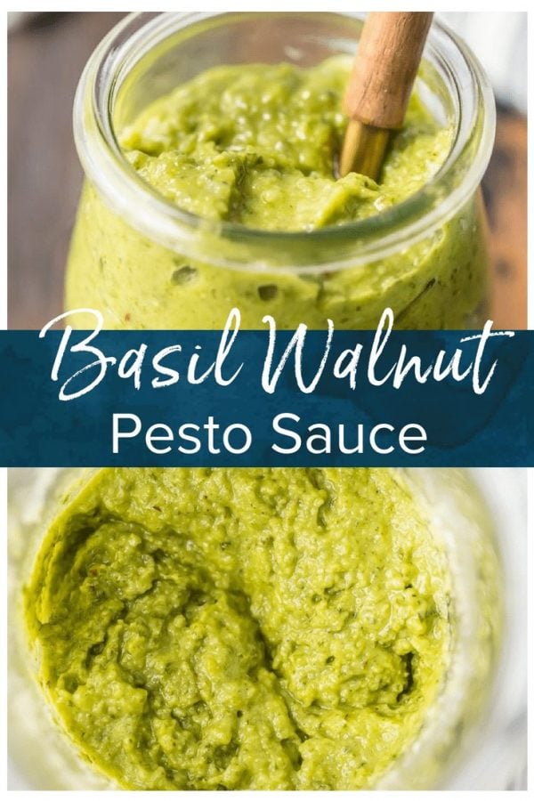 Basil Walnut Pesto is an amazing sauce full of basil, walnuts, olive oil, parmesan cheese, lemon juice, and garlic. This Homemade Pesto Sauce is the perfect topping for salmon, bruschetta, chicken, steak, and more. So much flavor and you can quickly make this Basil Pesto Recipe in a blender! 