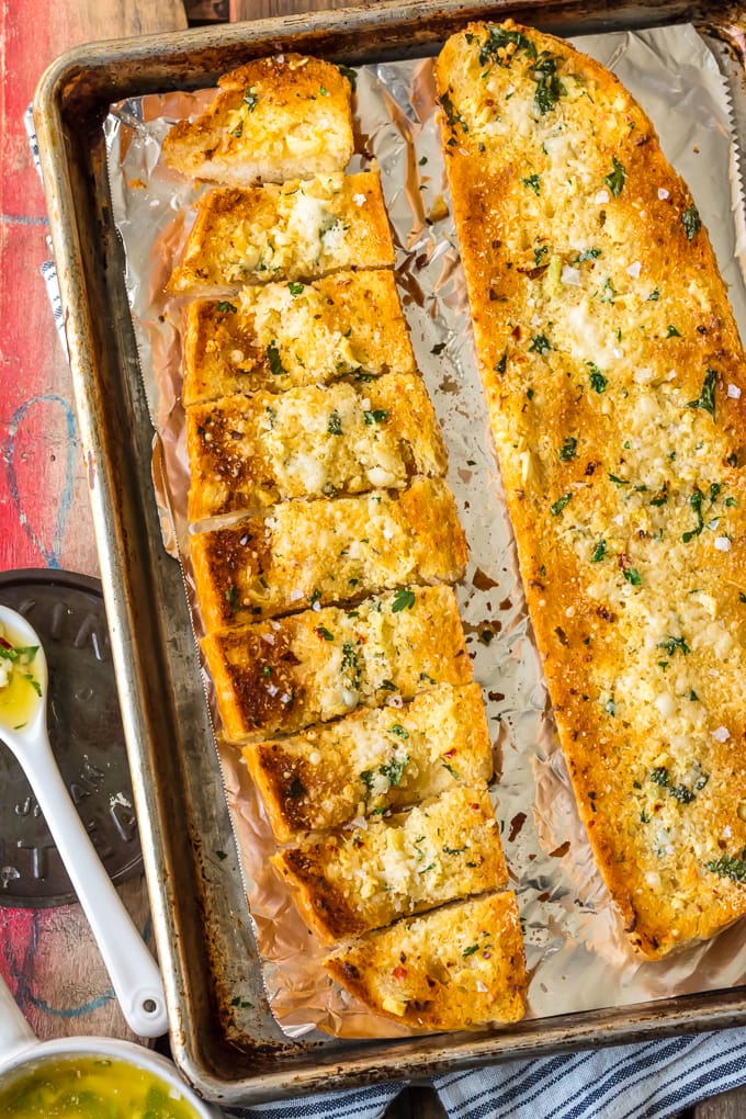 Homemade Garlic Bread on a cookie sheet