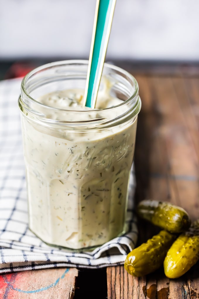 Homemade tartar sauce recipe in glass jar