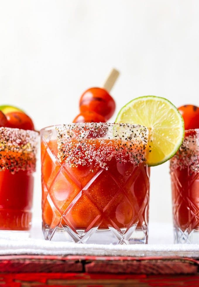 Roasted Tomato Margaritas in short glasses with salted rim