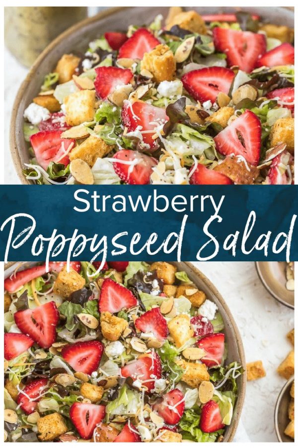 Strawberry Poppyseed Salad is a fresh, fun, & fruity summer salad recipe filled with strawberries, feta crumbles, baked croutons, & homemade dressing! #TheCookieRookie #salad #summerrecipe #strawberries #healthy