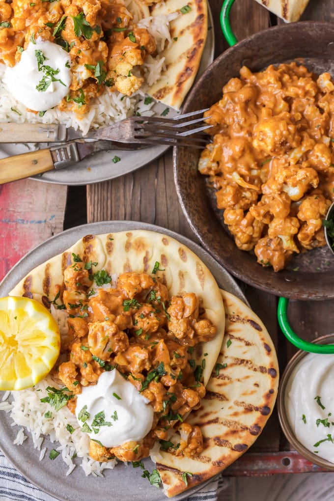 Gobi Masala served with rice and naan bread