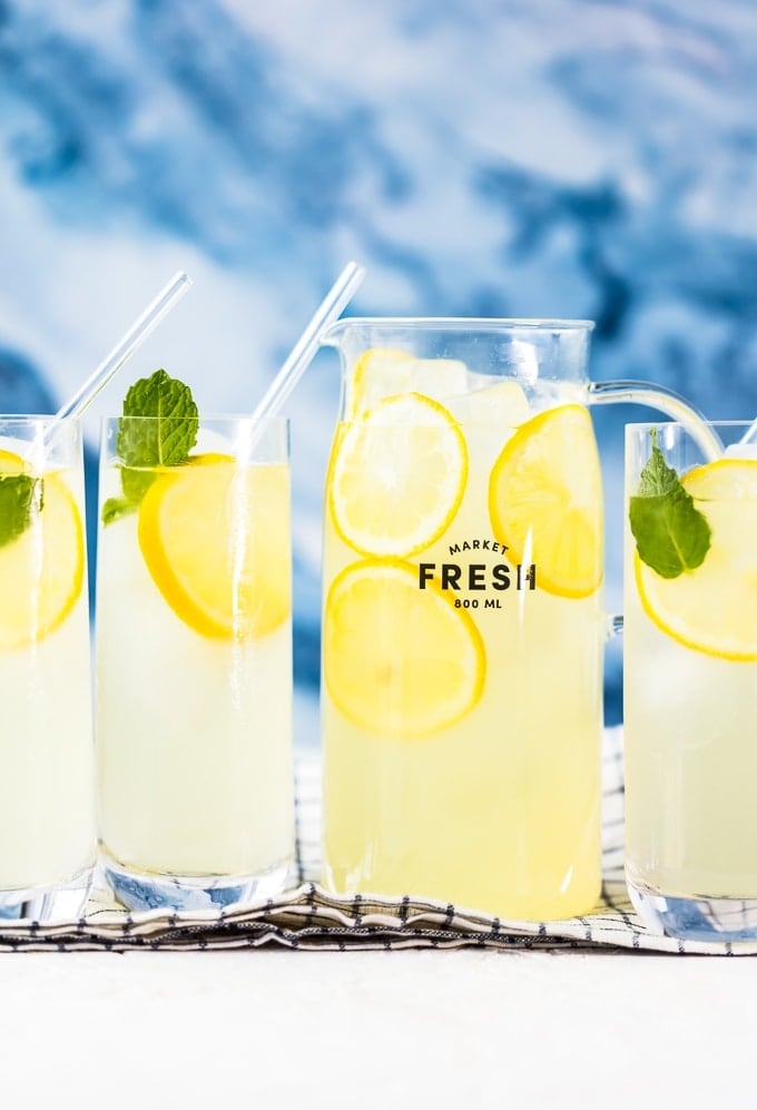 Homemade Lemonade in a pitcher and 3 glasses