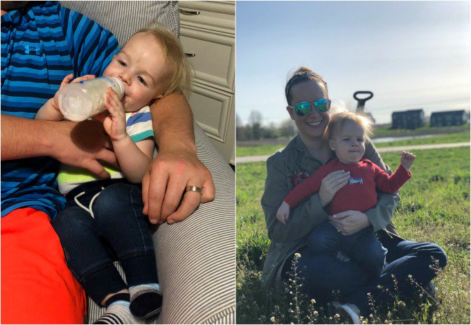 photo collage of a baby drinking a bottle and a mom holding a baby outside