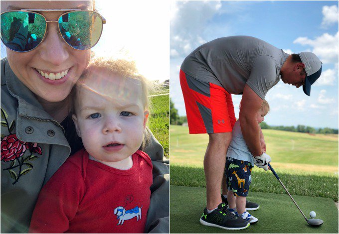 A baby and a mom smiling and a baby and a dad golfing