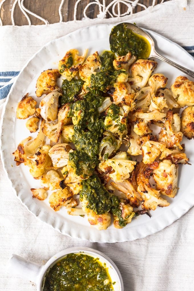 Roasted cauliflower recipe on a white plate