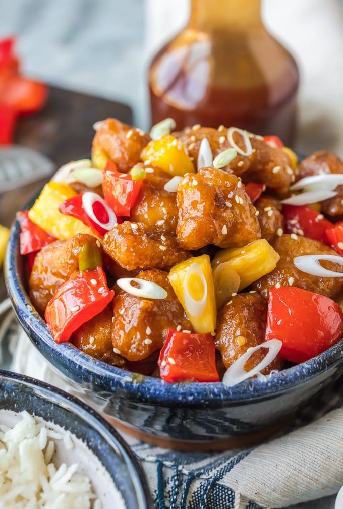 A bowl of homemade sweet and sour chicken