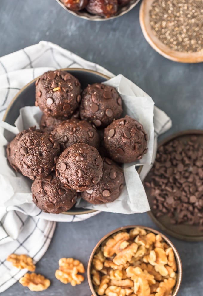 top view of Walnut Brownie Protein Balls in a bowl