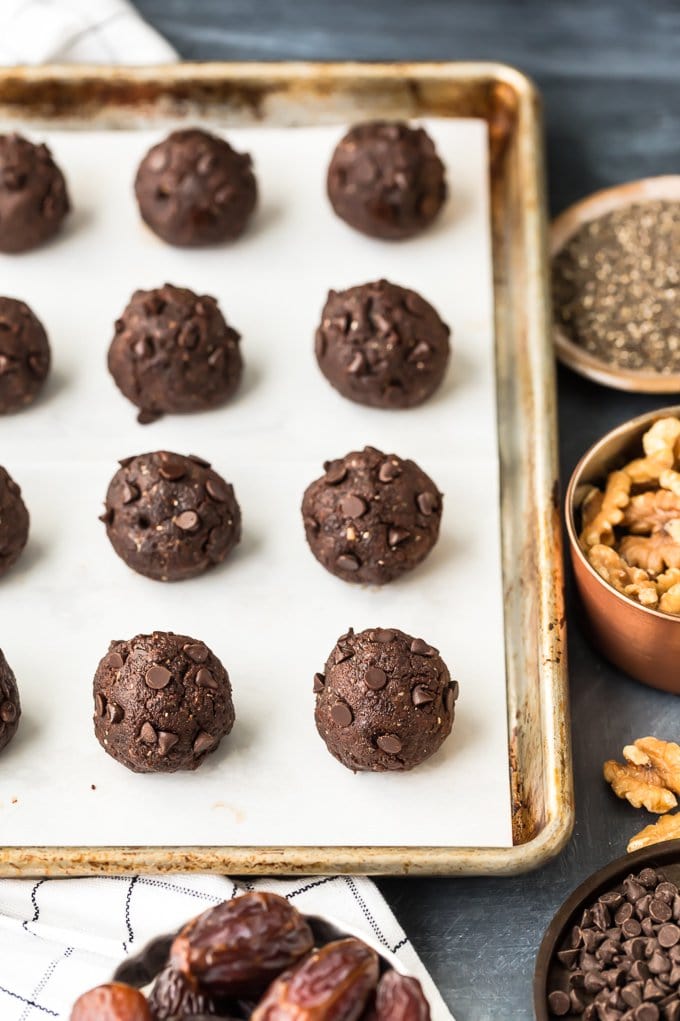 Walnut Brownie Protein Balls on a sheet pan