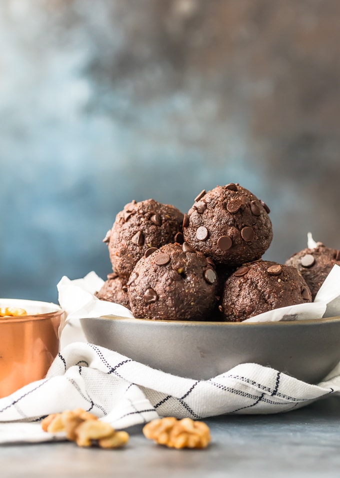 Walnut Brownie Protein Balls stacked in a bowl