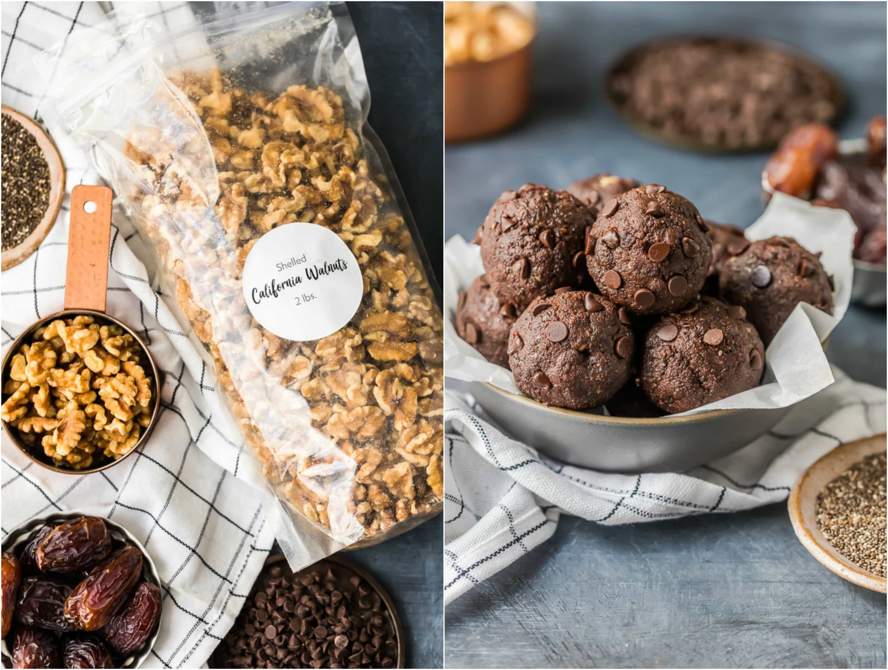 walnuts and dates in a bowl and protein balls