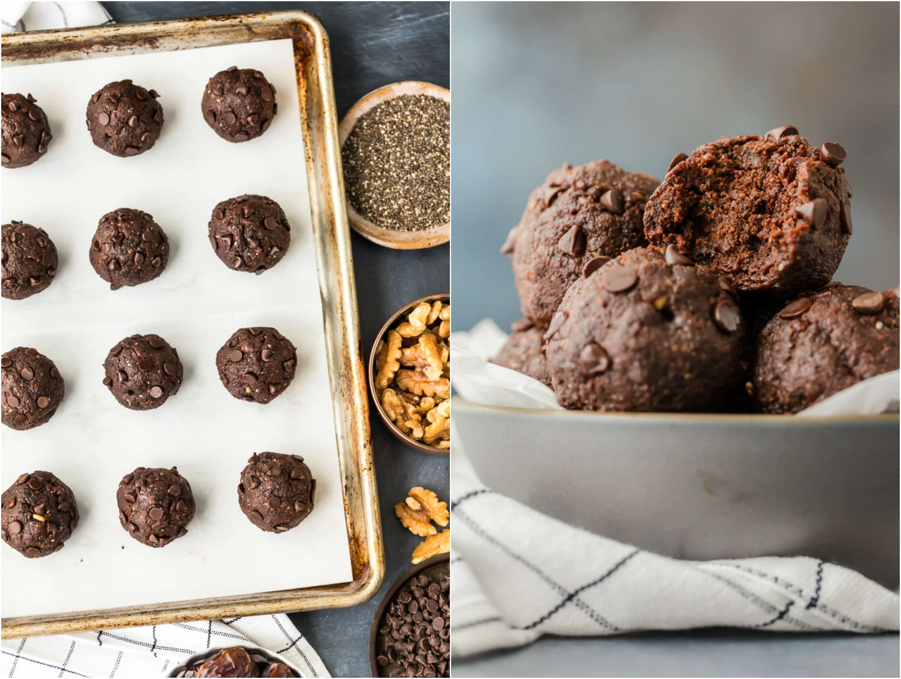 Walnut Brownie Protein Balls on a sheet pan and in a bowl