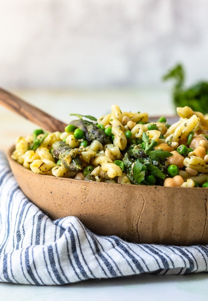 Side view of bowl of pasta salad