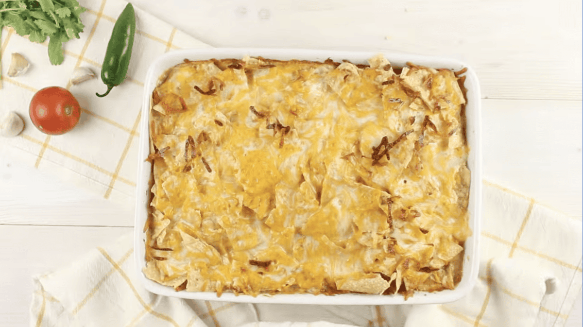 baked king ranch chicken casserole in a casserole dish.