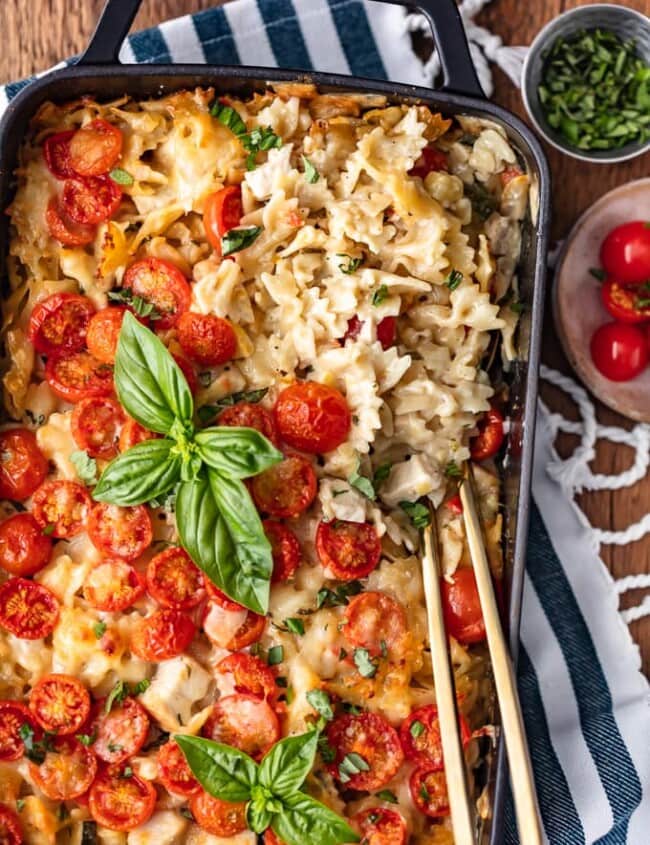 This Chicken Alfredo Pasta Bake is so cheesy, so creamy, and so full of flavor! I love this Chicken Alfredo Casserole for easy weeknight dinners. It's filled with chicken, cheese, tomatoes, pasta, and vegetables, and cooked in a creamy Alfredo sauce. I can't get enough of this Chicken Alfredo Bake!