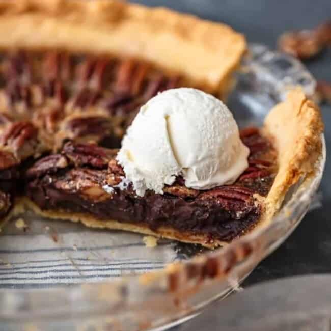 A slice of chocolate pecan pie.