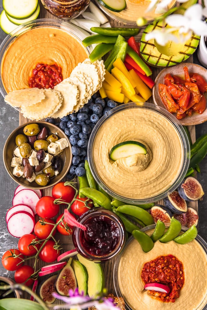 a top view of a Hummus and Vegetable Board 