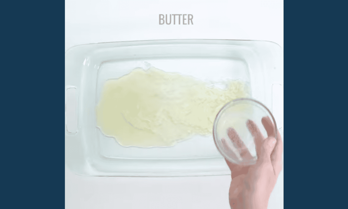 butter poured into a baking dish.