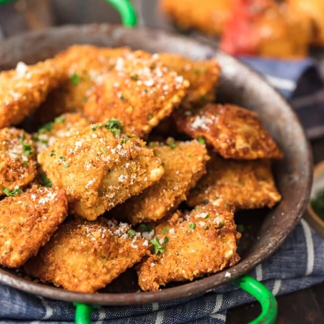 a bowl of toasted ravioli